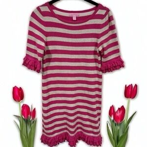 Lilly Pulitzer Pink and Tinsel Striped Ruffle Sleeve Dress Girl's Size XL(12-14)